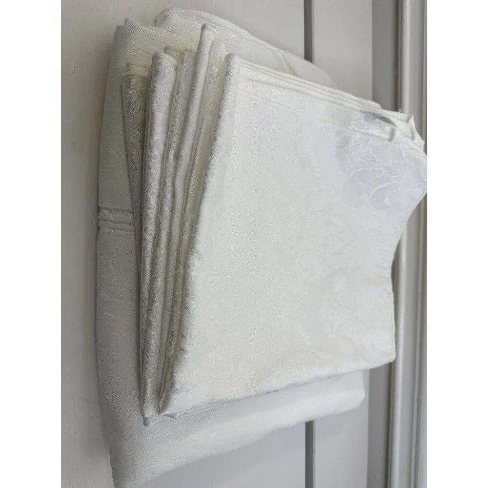 Vintage Ivory Damask Tablecloth 80x110 Semi Round & 10 Napkins 19x19 Set